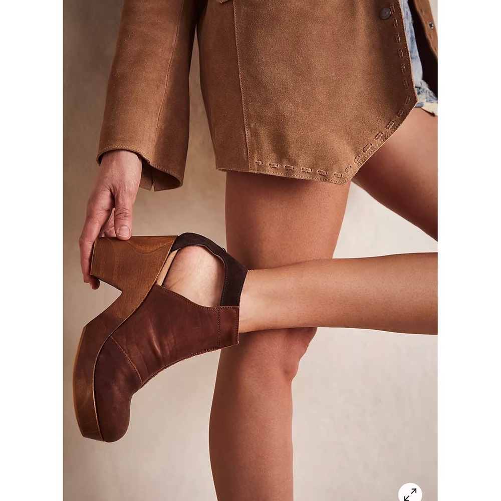Free People Leather Wooden Platform Clog Ankle Boots Brown Cutout Spain Women 37